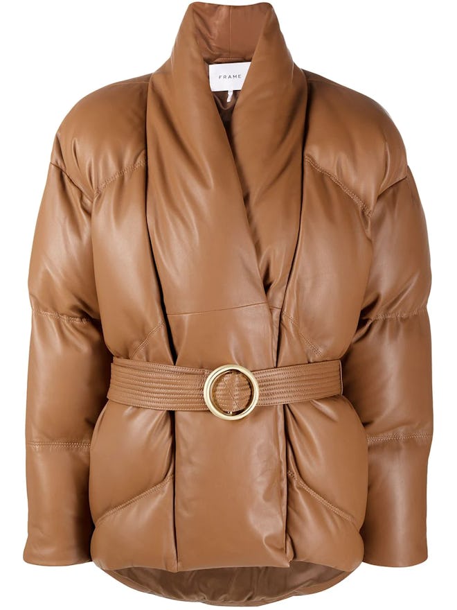 Brown wrap leather puffer jacket from FRAME, available to shop via Farfetch.