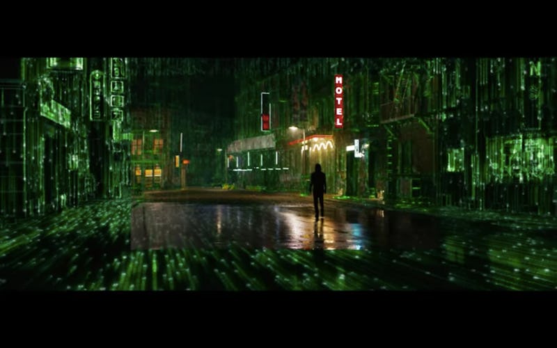 A street at night scene in "The Matrix" movie