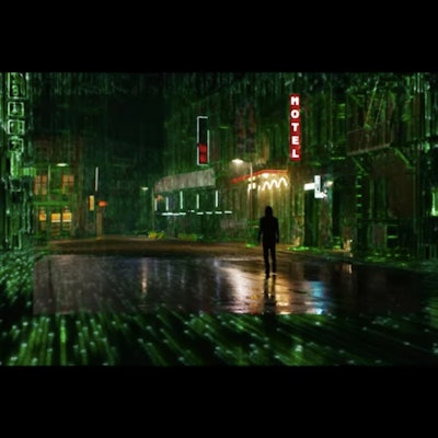 A street at night scene in "The Matrix" movie