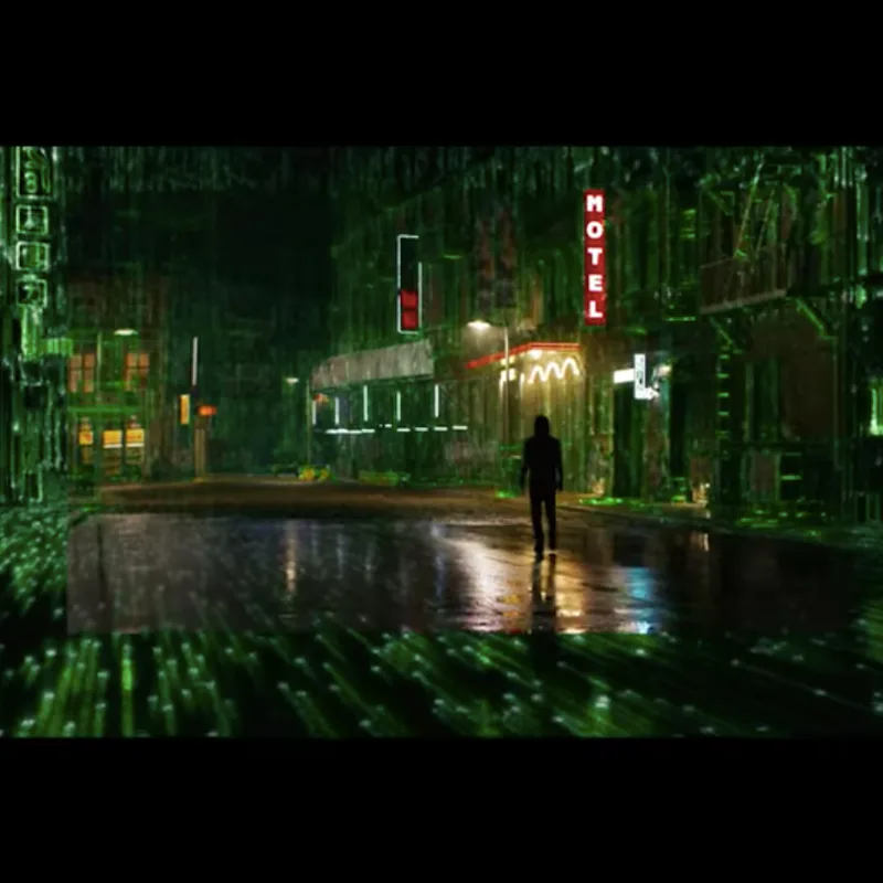 A street at night scene in "The Matrix" movie