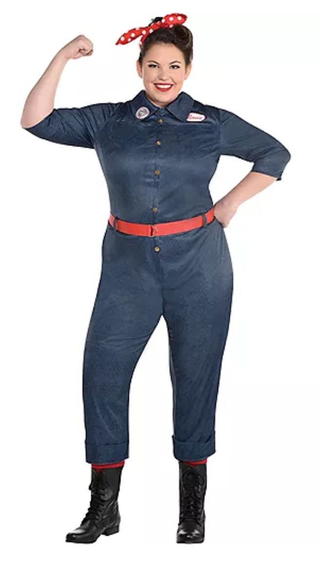 This adult Rosie the Riveter jumpsuit Halloween costume is a great choice for women. 