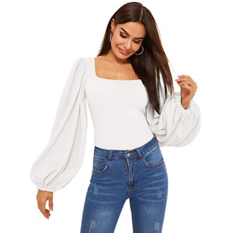 Romwe Long Puff Sleeve Square Neck Blouse