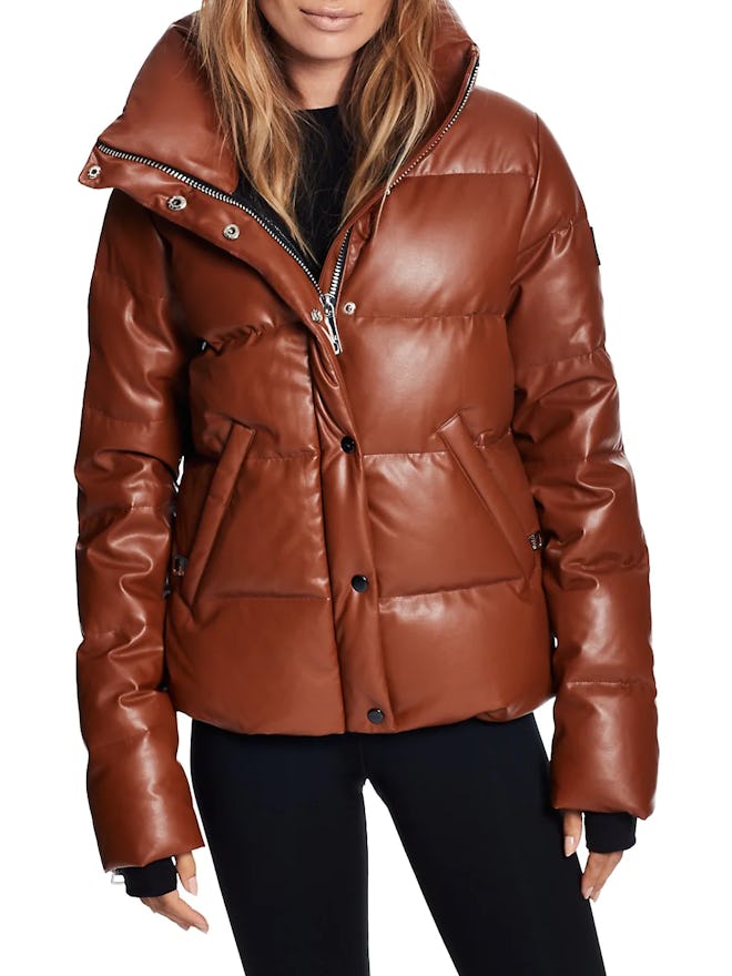 Isabel Vegan Leather Puffer Down Jacket from SAM., available to shop via Saks Fifth Avenue.