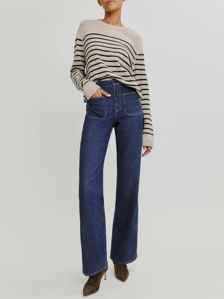 Reformation dark blue jeans.