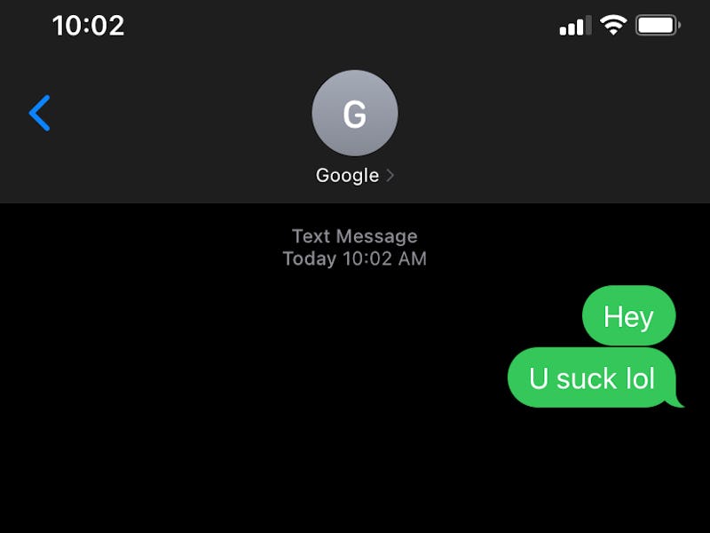Text message screenshot between Apple and Android devices