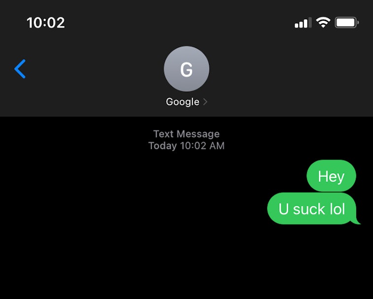 Text message screenshot between Apple and Android devices