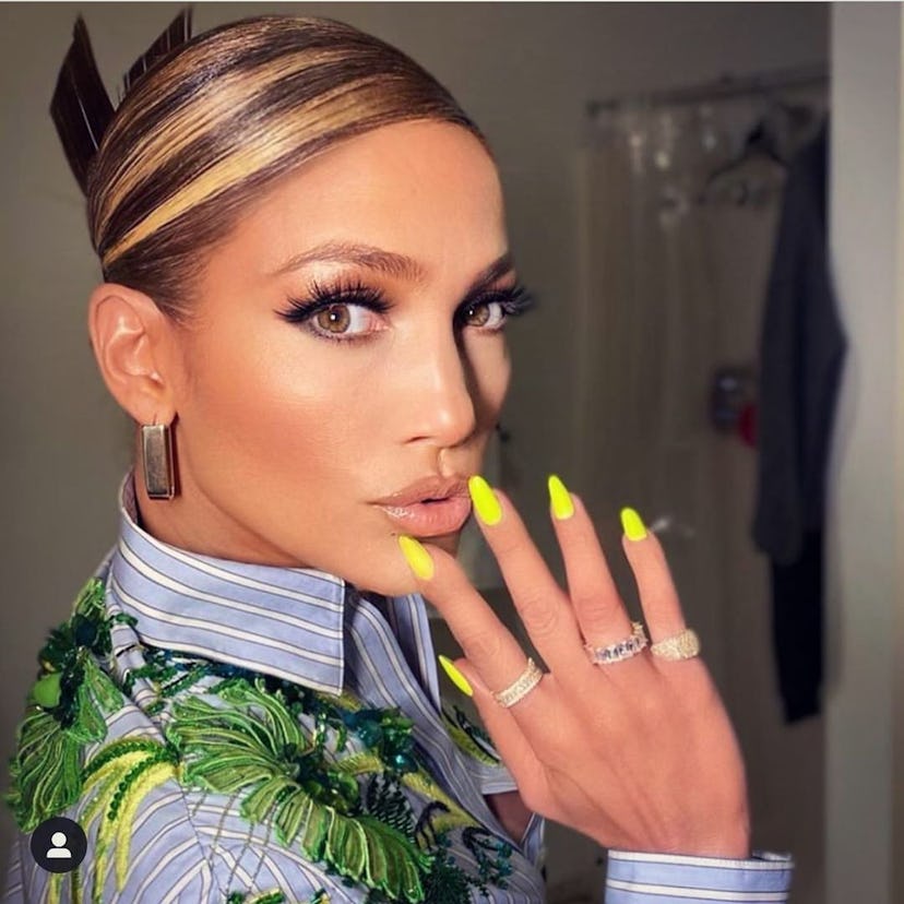 Jennifer Lopez shows off her chunky blonde highlights.