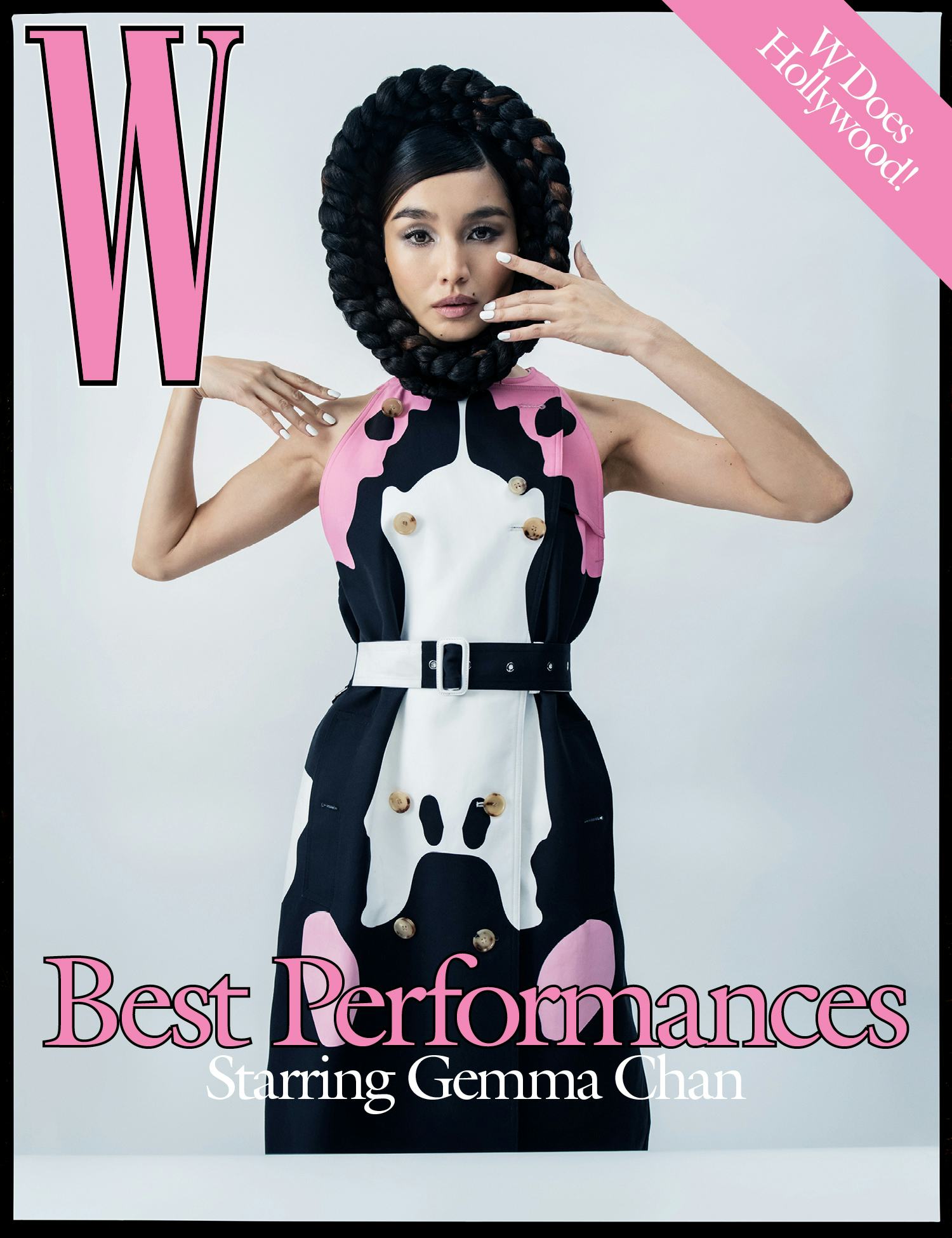 Gemma Chan in a Burberry sleeveless trench coat on the cover of W Magazine's Best Performances