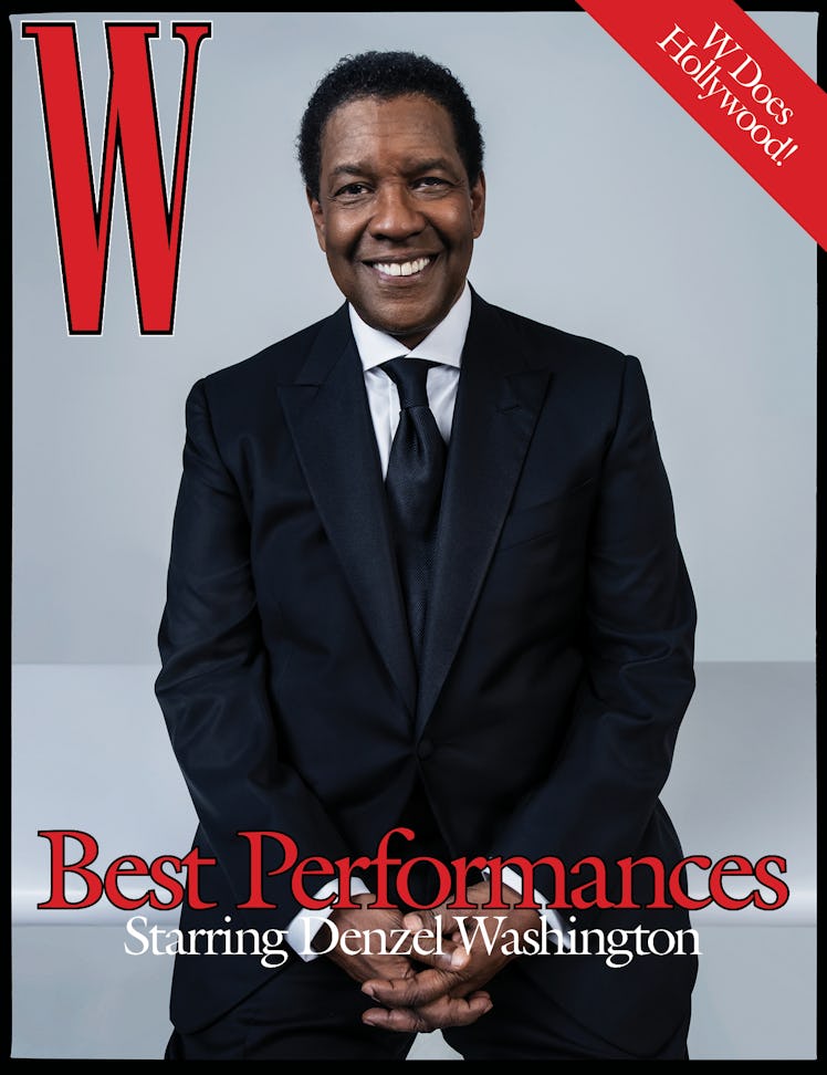 Denzel Washington in a tuxedo, tie, and white shirt on the cover of W Magazine's Best Performances