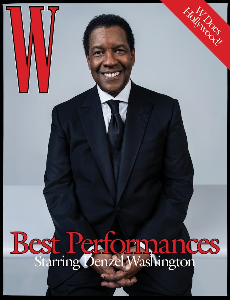 Denzel Washington in a tuxedo, tie, and white shirt on the cover of W Magazine's Best Performances