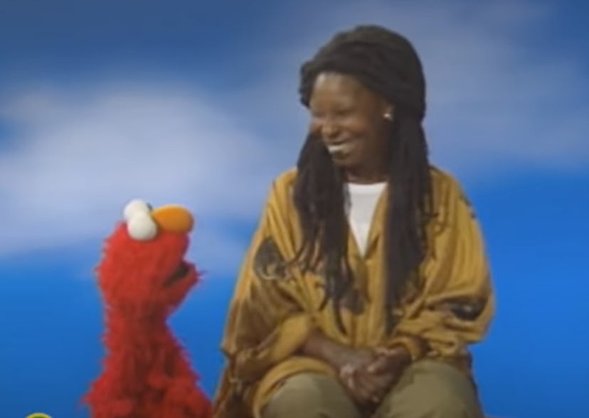 Whoopi Goldberg and Elmo compare skin and fur.