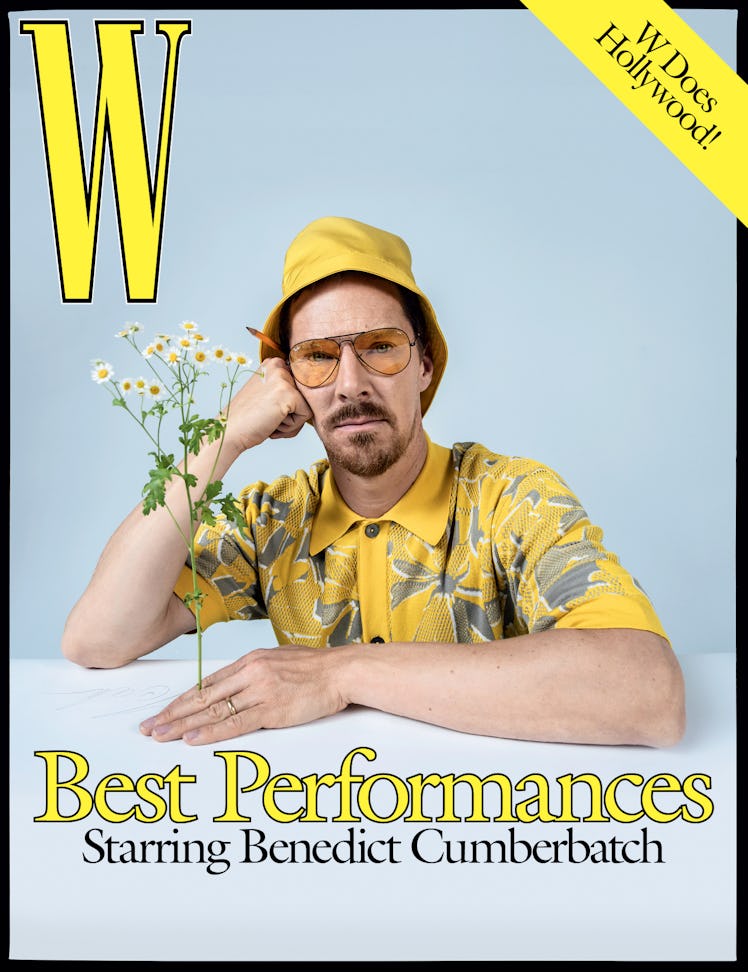Benedict Cumberbatch in a yellow shirt and hat, with sunglasses on the cover of W Magazine's Best Pe...