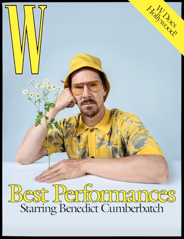 Benedict Cumberbatch in a yellow shirt and hat, with sunglasses on the cover of W Magazine's Best Pe...