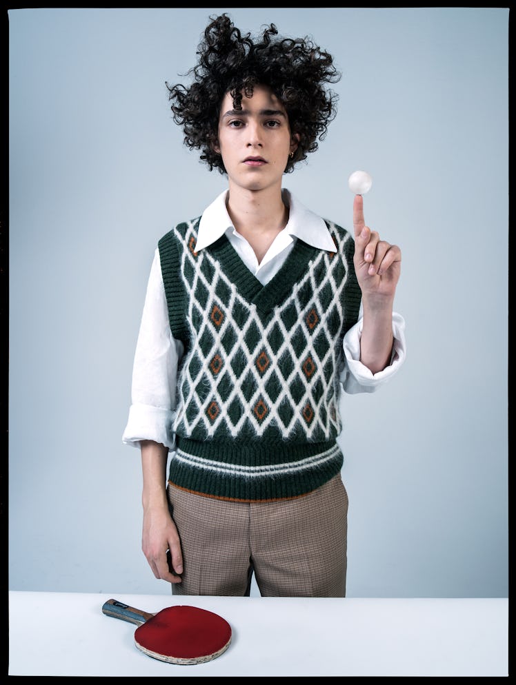 Filippo Scotti wears an S.S. Daley sweater vest and shirt; Dries Van Noten pants.