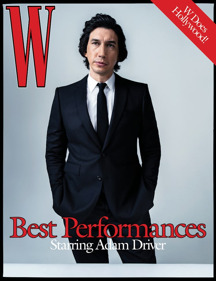 Adam Driver in a Burberry suit, shirt, and tie on the cover of W Magazine's Best Performances