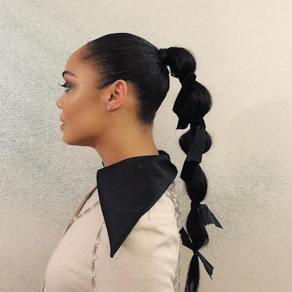 Tessa Thompson shows off her bubble braid-styled ponytail.