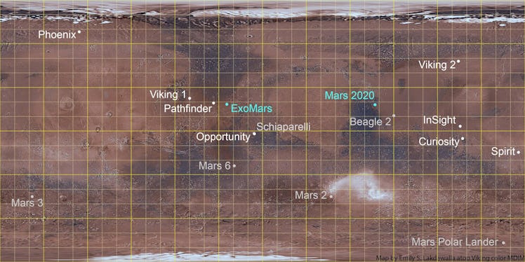 map of mars missions across the planet