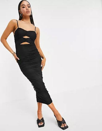 Textured mesh cut out ruched maxi body-conscious dress