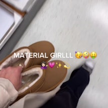 A screenshot of a TikTok showing a user buying fake uggs. Here's the origins of the "Material Girl" ...