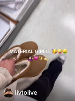 A screenshot of a TikTok showing a user buying fake uggs. Here's the origins of the "Material Girl" ...