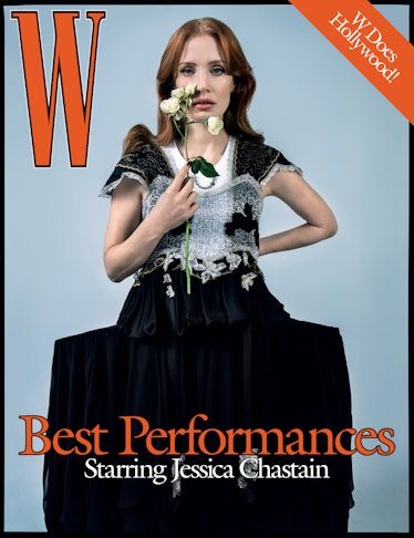 Jessica Chastain in a blouse, tank top, and dress on the cover of W Magazine's Best Performances