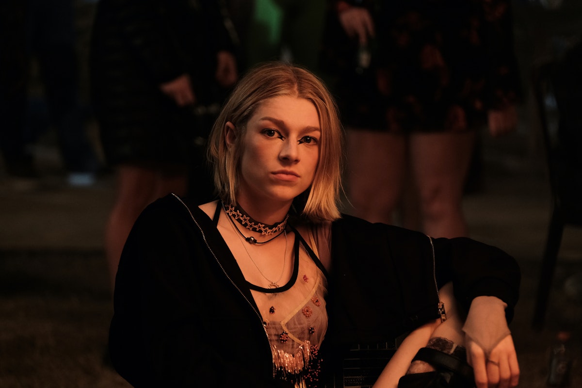 Hunter Schafer as Jules in Euphoria in a tulle top and black hoodie