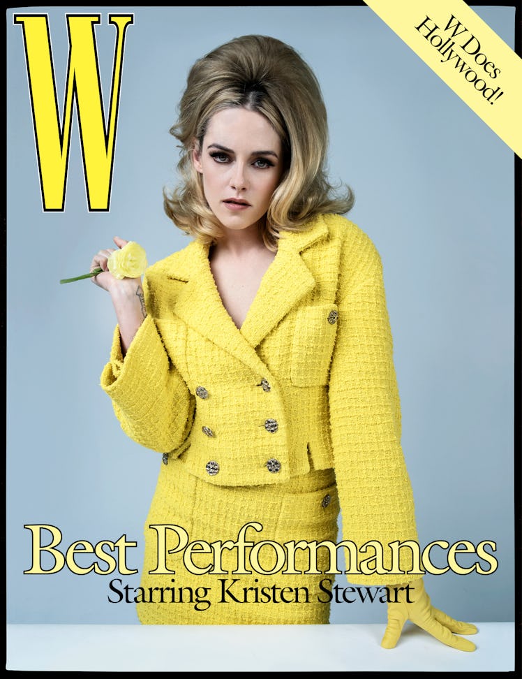 Kristen Stewart in a yellow jacket, skirt, and a yellow glove on the cover of W Magazine's Best Perf...