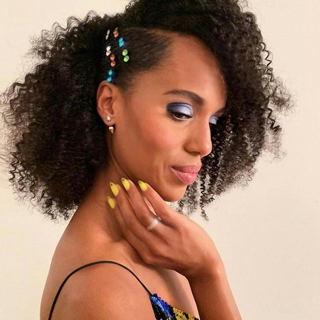 Kerry Washington yellow manicure blue eyeshadow