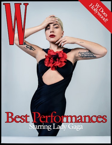 Lady Gaga in a catsuit with a giant red flower on the chest on the cover of W Magazine's Best Perfor...