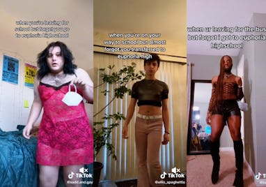 Collage of three people dressed in revealing and/or y2k-style outfits for Euphoria High School.