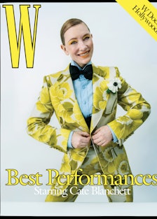 Cate Blanchett wears a Gucci jacket, vest, shirt, pants, and bowtie.