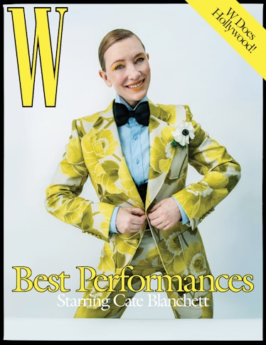 Cate Blanchett in a yellow jacket and pants, a vest, shirt, and bowtie on the cover of W Magazine's ...