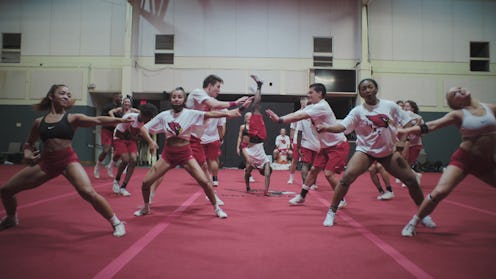 The cheerleading team at Trinity Valley Community College Cheer working on a routine in 'Cheer' Seas...