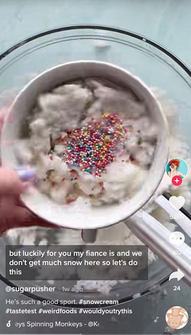 A woman learns how to make TikTok's snow cream with sprinkles. 