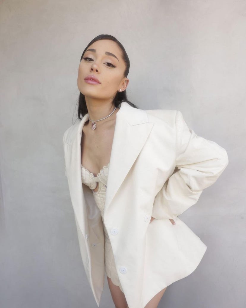 Ariana Grande wearing an all-white outfit on Instagram