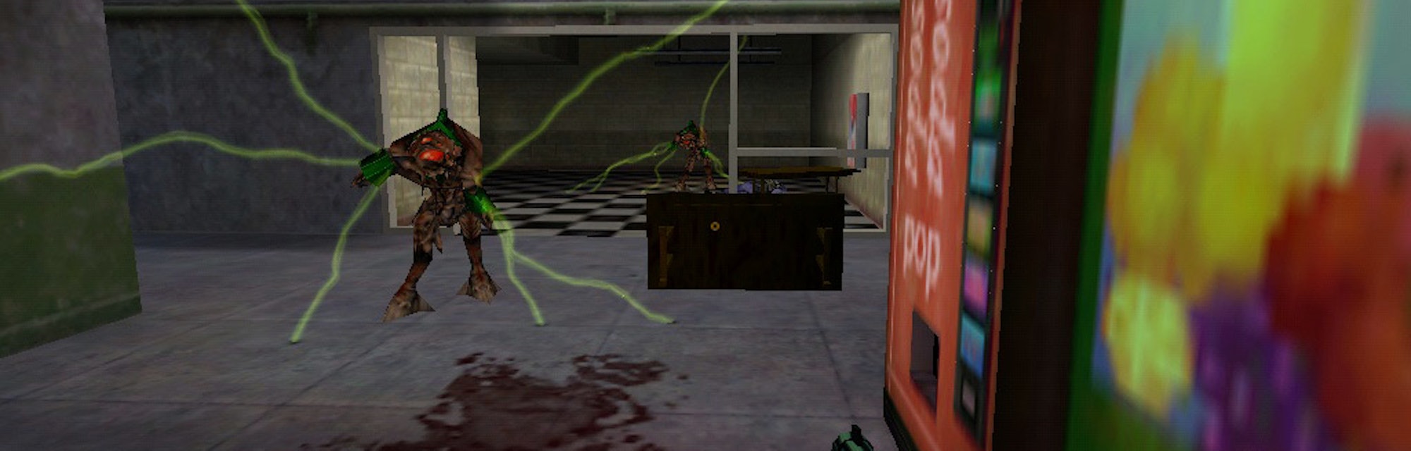 screenshot from 1998 game Half Life, showing monsters walking toward you with electric lightnining e...