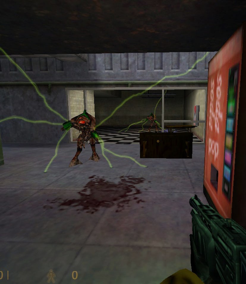 screenshot from 1998 game Half Life, showing monsters walking toward you with electric lightnining e...