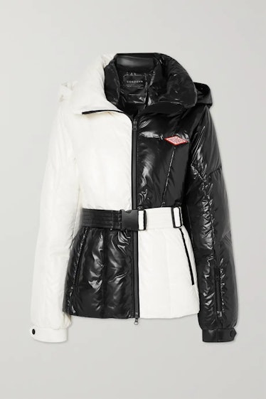 Monterosa Hooded Belted Quilted Two-Tone Down Ski Jacket