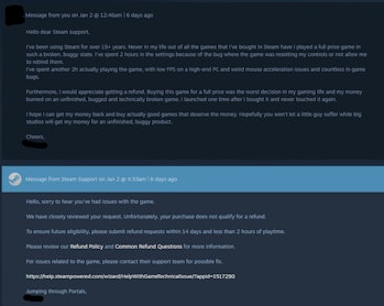Screengrab from conversation with Steam support, showing user's refund request and showing Steam's i...