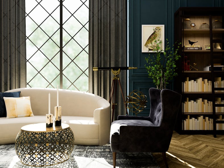Modsy's 'Harry Potter' rooms include Gryffindor, Hufflepuff, Ravenclaw, and Slytherin decor.