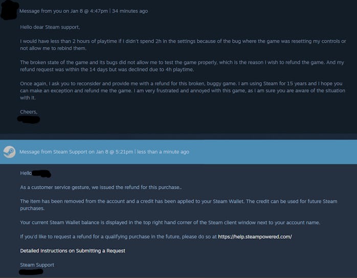 Reddit screenshots that read: Message from you on Jan 8 @ 4:47pm | 34 minutes ago Hello dear Steam s...