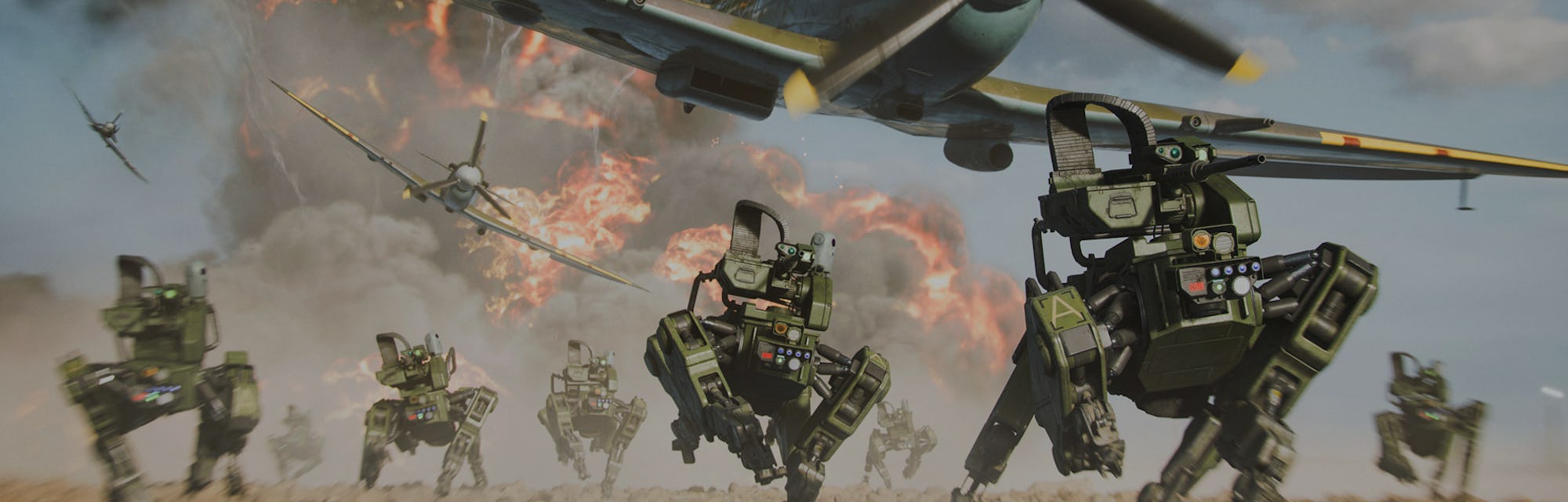 Image of Battlefield 2042 game: Robot military drones running on ground as plane flies above and exp...