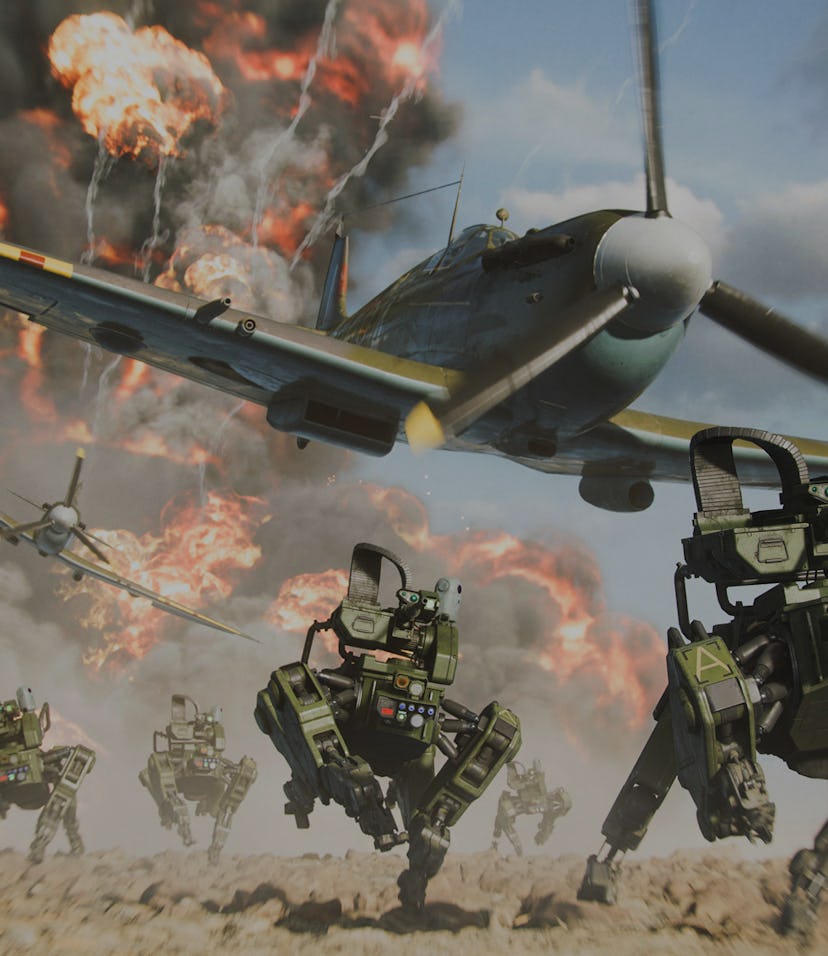 Image of Battlefield 2042 game: Robot military drones running on ground as plane flies above and exp...