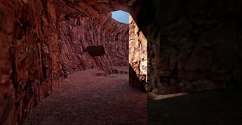 Image from Half Life game of rocky red cave, showing ray tracing on left and no ray tracing on right...