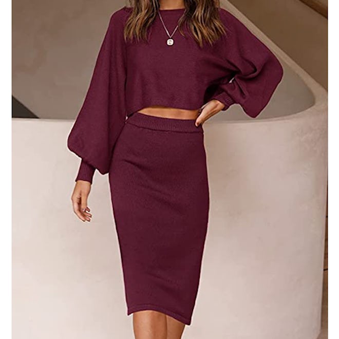 ZOWODO Two-Piece Knit Long-Sleeved Midi Dress