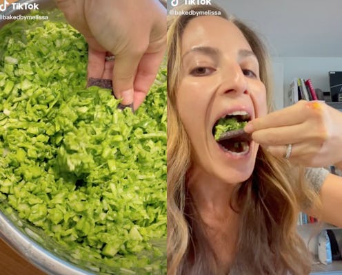 Melissa Ben-Ishay eats viral green goddess salad with chip on TikTok.