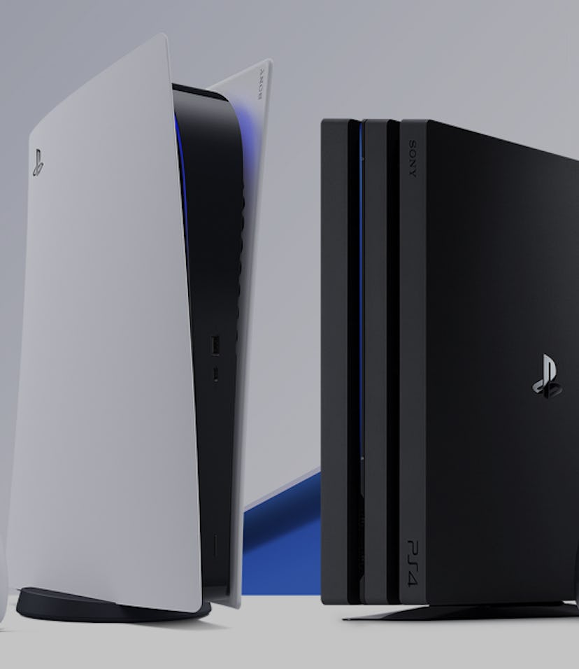 Photo of white PS5 console and controller next to black PS4 console and controller with white and bl...