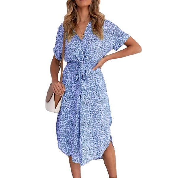 SHIBEVER Floral Button Up Midi Dress