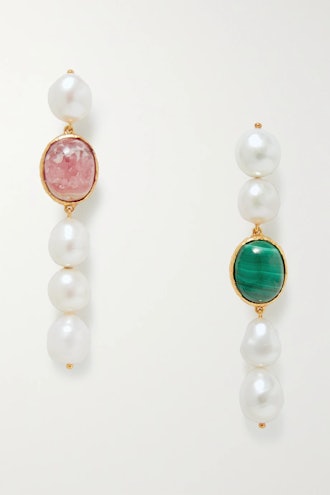 PACHAREE's White Dangly Moss Gold-Plated Malachite Earrings.