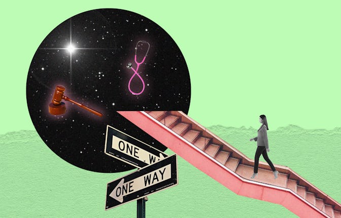 An abstract collage of a woman walking up stairs, the space, a gavel, a stethoscope and two one way ...